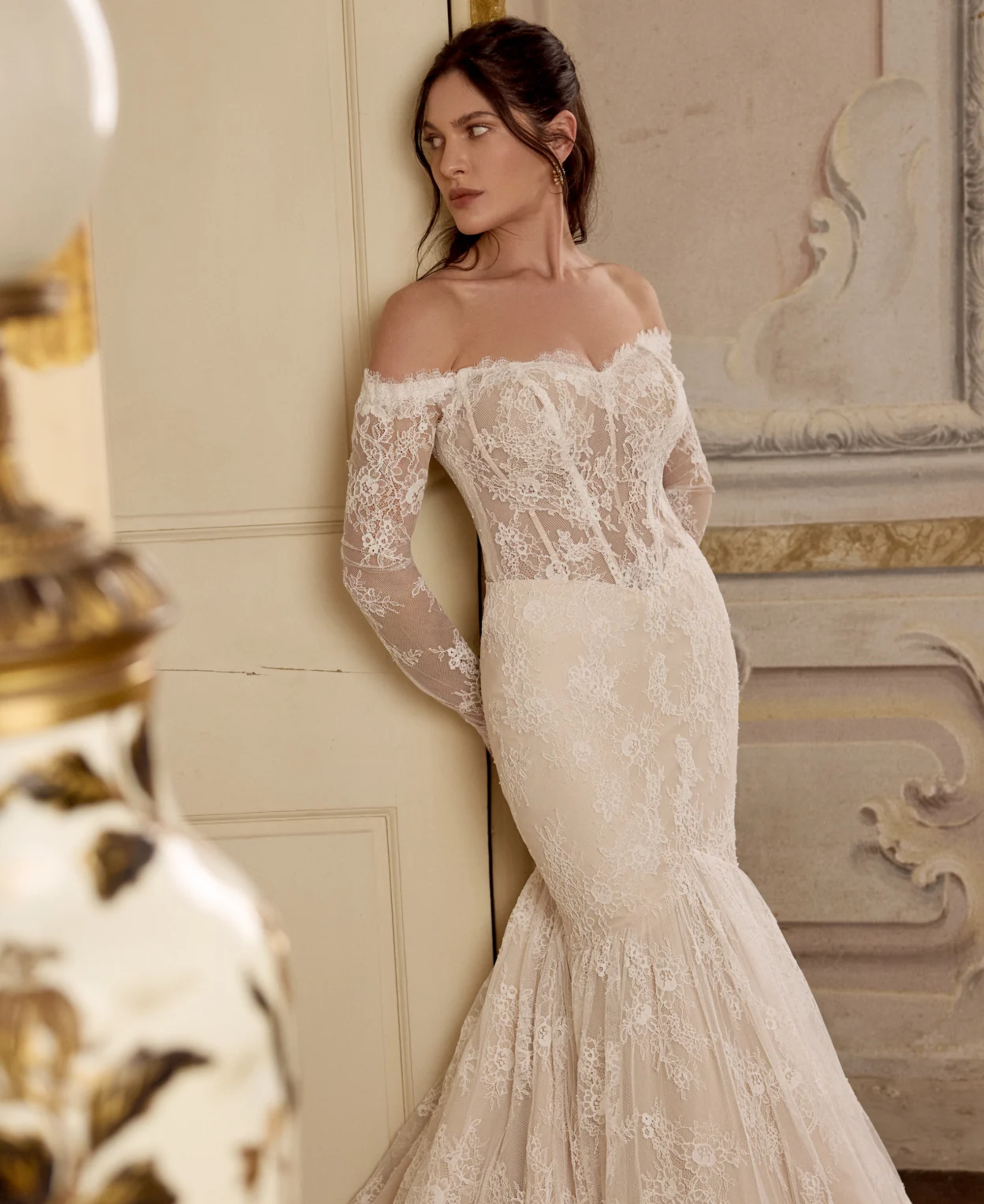 Brunette woman wearing a long sleeve lace, fit and flare, gown