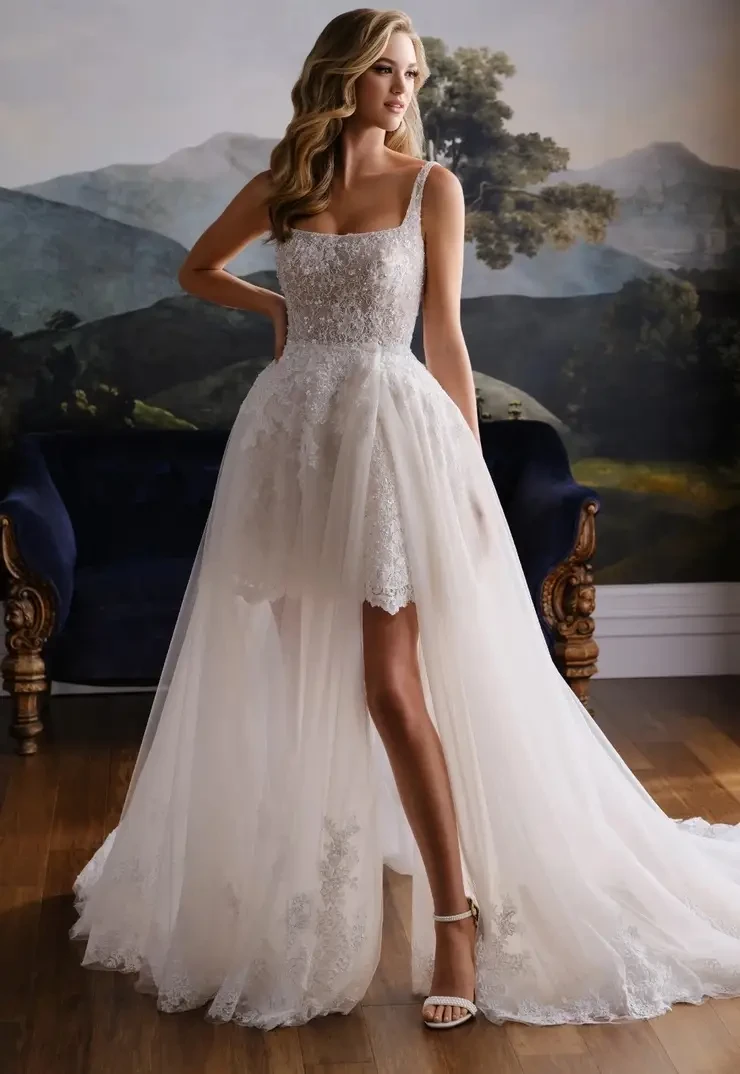 Blonde woman in ball style wedding gown with deep neckline