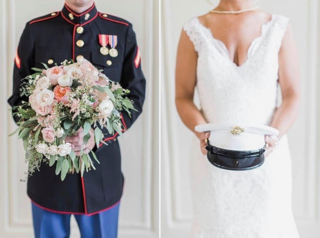 Сouple wearing a white gown and a black suit