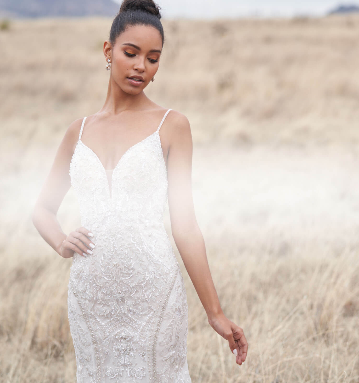 Bride in Wedding Dress among field. Mobile Image