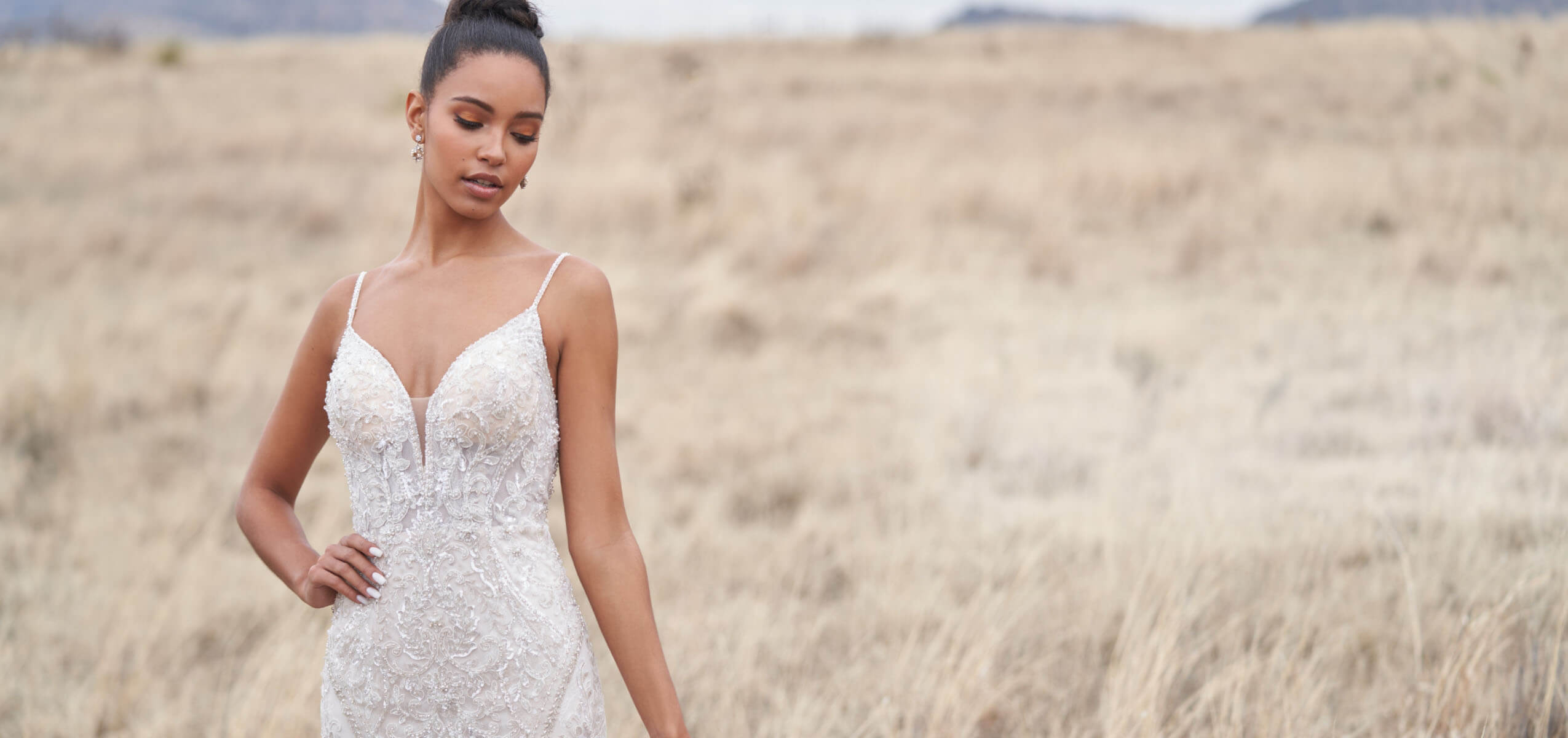 Bride in Wedding Dress among field. Desktop Image